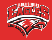 EMPS logo featuring red eagle image and text Elder's Mills Eagles