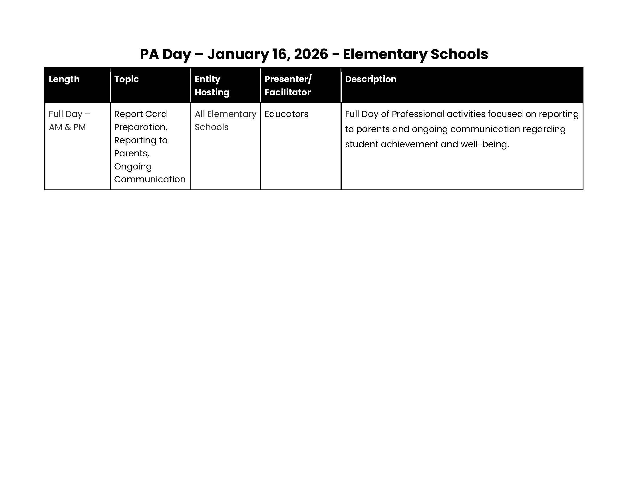 PA Day January 16 2025